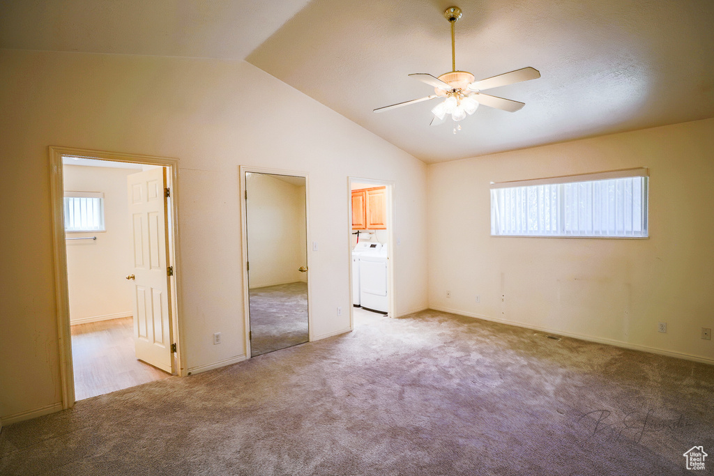 Unfurnished bedroom with ceiling fan, carpet, and multiple windows