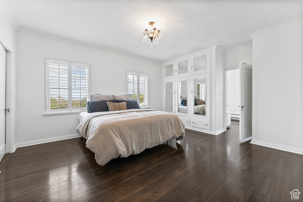 Bedroom featuring ornamental molding, a notable chandelier, multiple windows, and dark hardwood / wood-style floors
