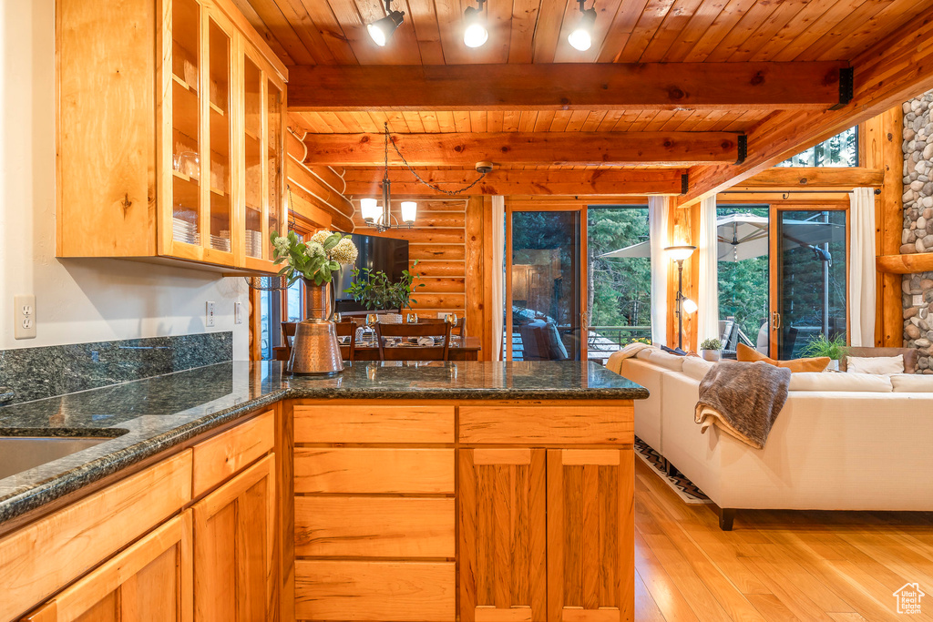 Kitchen featuring pendant lighting, light hardwood / wood-style flooring, log walls, beam ceiling, and wood ceiling