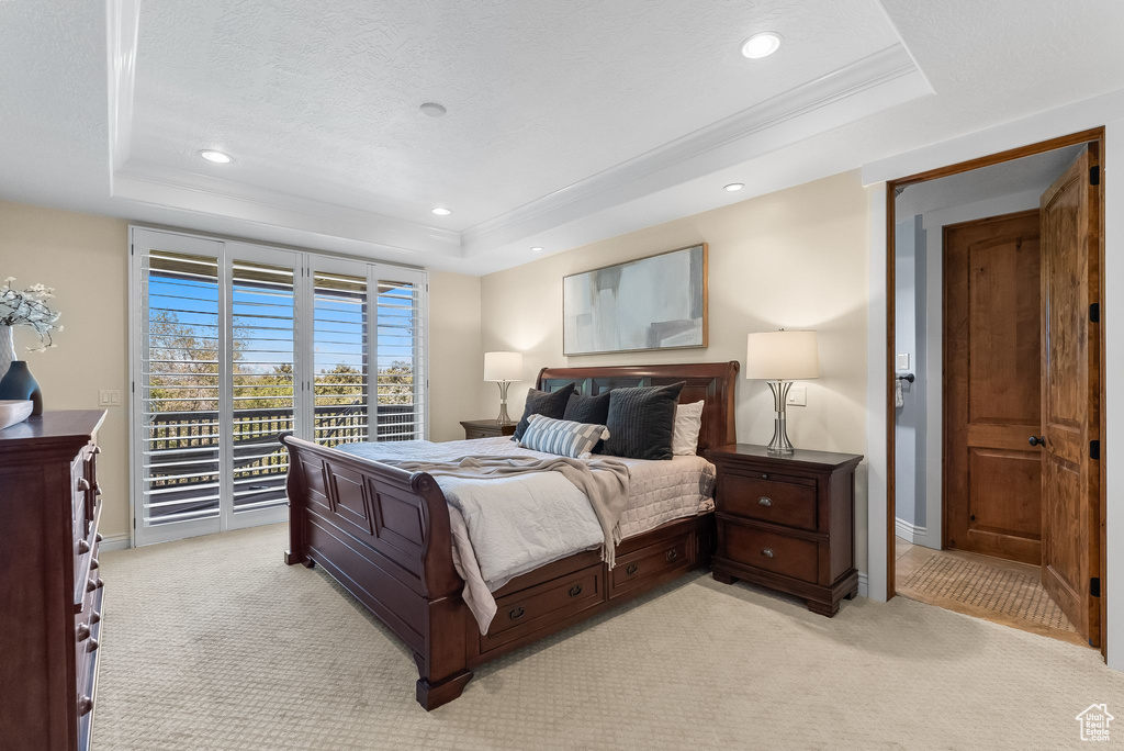 Bedroom featuring light colored carpet, access to exterior, and a tray ceiling