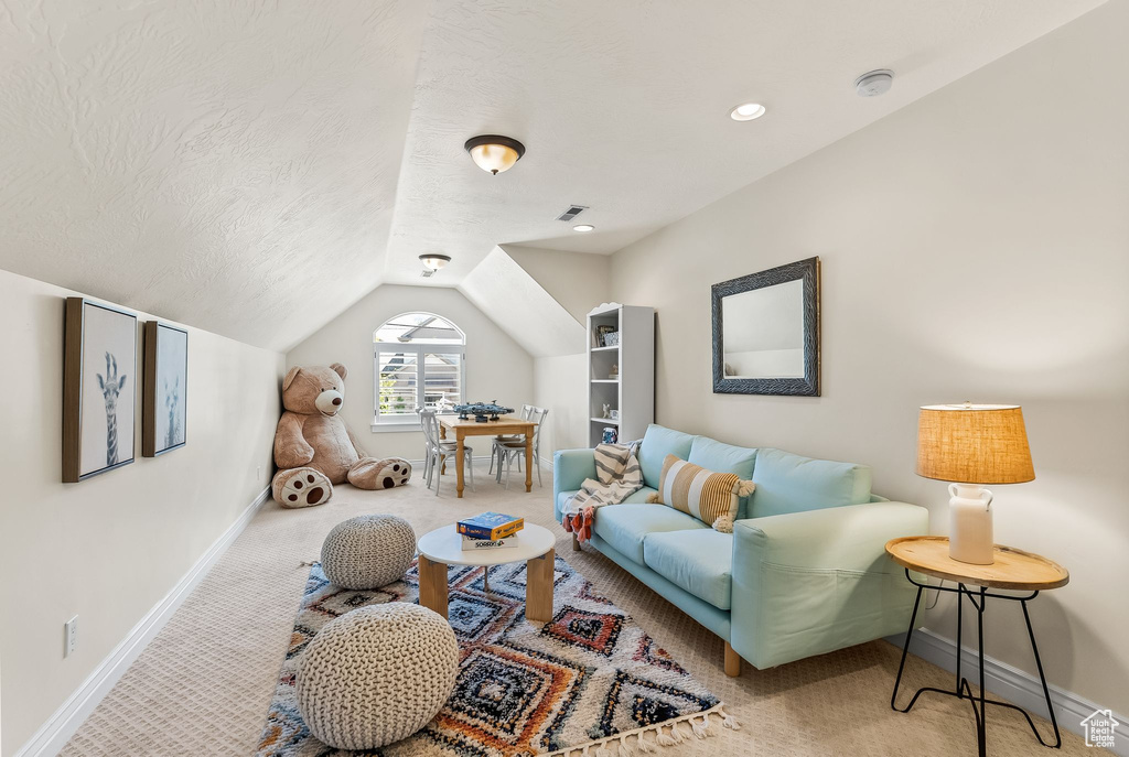 Living room with vaulted ceiling, carpet floors, and a textured ceiling