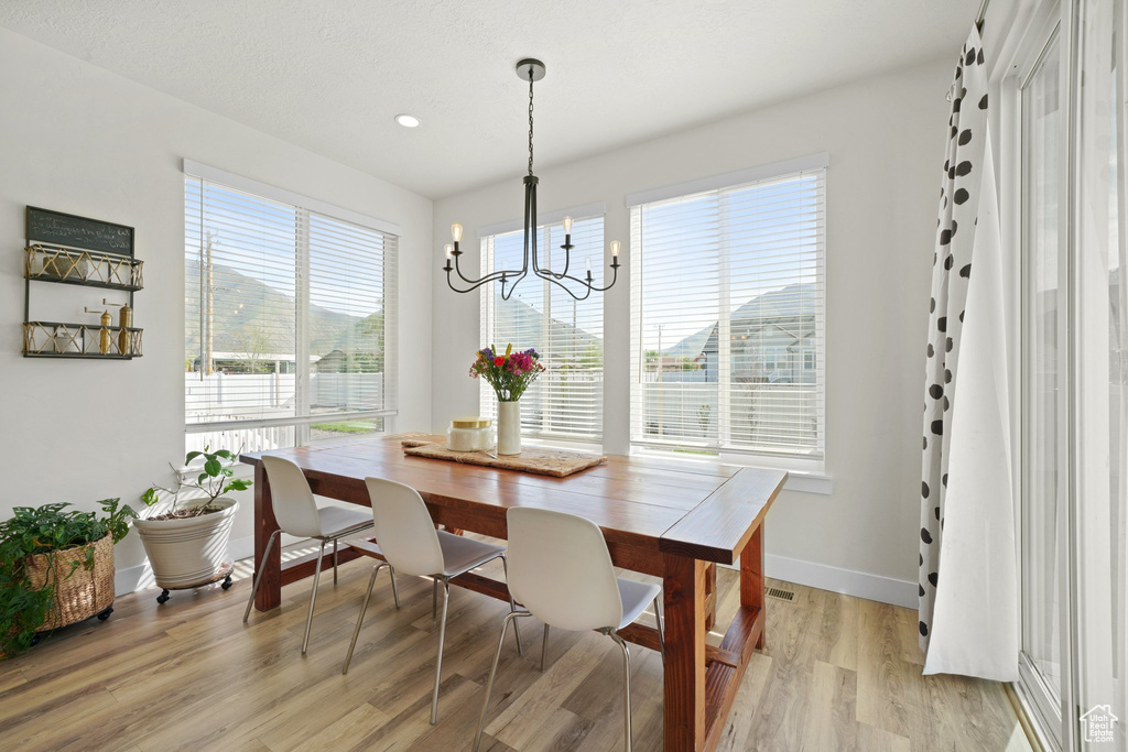 Dining space featuring a healthy amount of sunlight, light hardwood / wood-style floors, and a chandelier