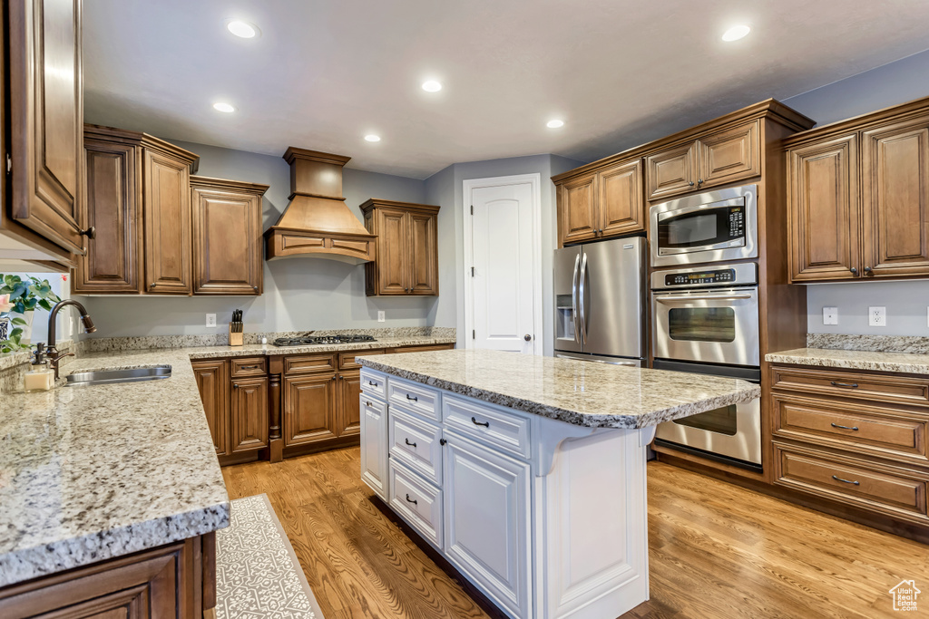 Kitchen with a kitchen island, stainless steel appliances, light hardwood / wood-style floors, custom range hood, and sink