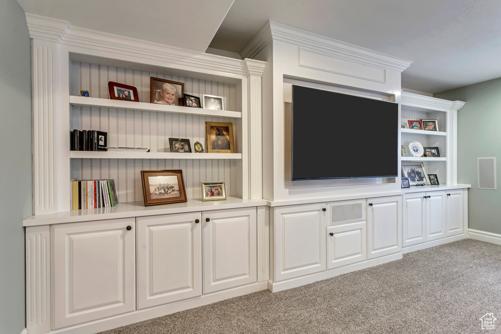 Carpeted living room featuring built in shelves