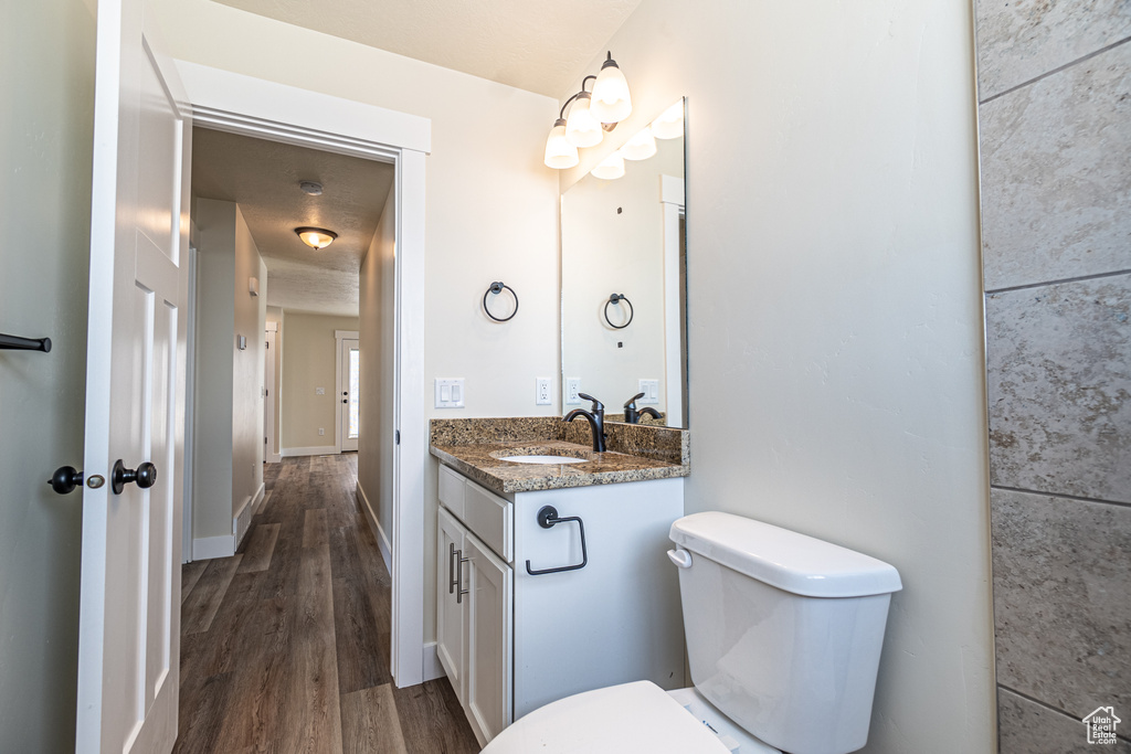 Bathroom with vanity, hardwood / wood-style flooring, and toilet