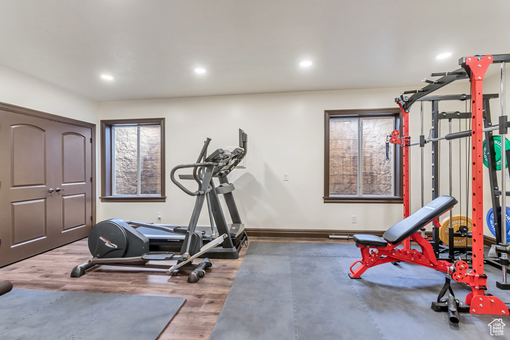 Workout area with wood-type flooring