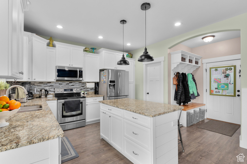 Kitchen featuring sink, stainless steel appliances, tasteful backsplash, hardwood / wood-style floors, and a center island