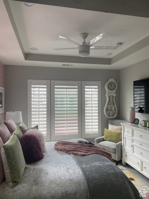 Bedroom with a tray ceiling, ceiling fan, and multiple windows