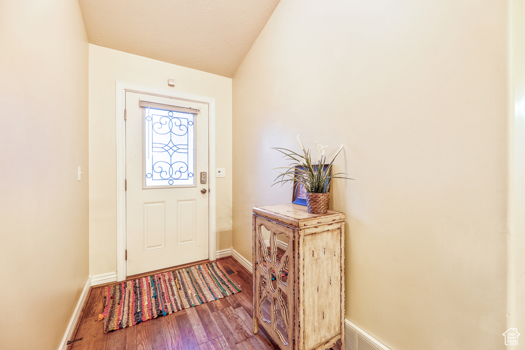 Entryway with lofted ceiling and hardwood / wood-style floors