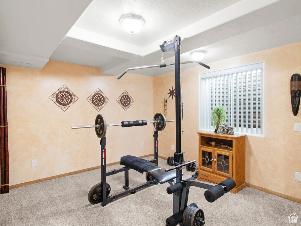 Workout room featuring carpet floors