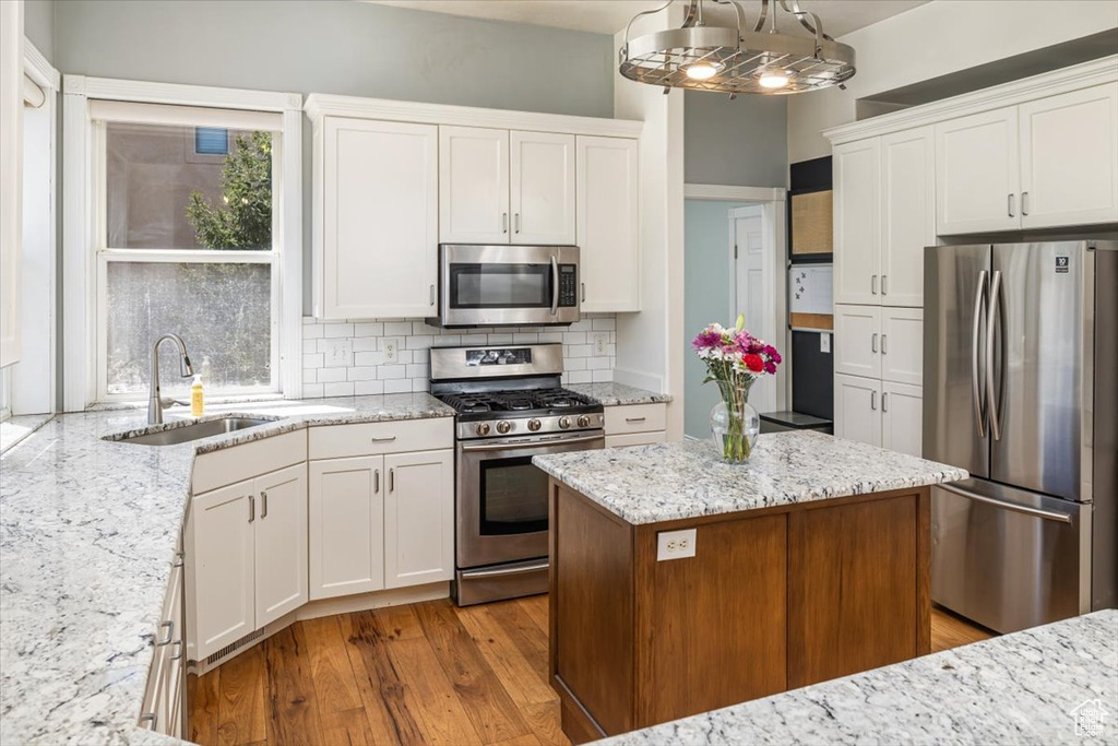 Kitchen with a center island, sink, tasteful backsplash, light wood-type flooring, and stainless steel appliances