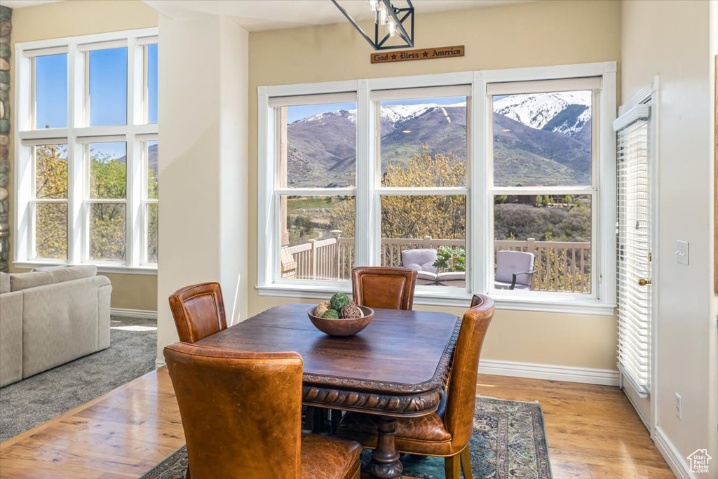 Dining space featuring a mountain view and light hardwood / wood-style floors