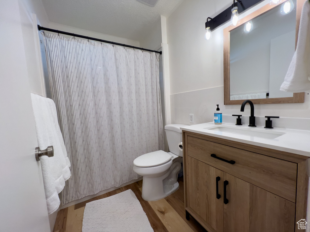 Bathroom with hardwood / wood-style flooring, a textured ceiling, toilet, and vanity with extensive cabinet space