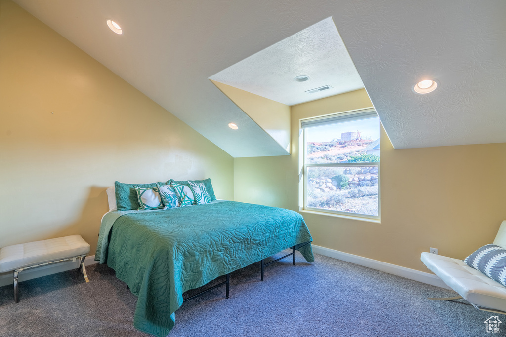Carpeted bedroom with a textured ceiling and vaulted ceiling