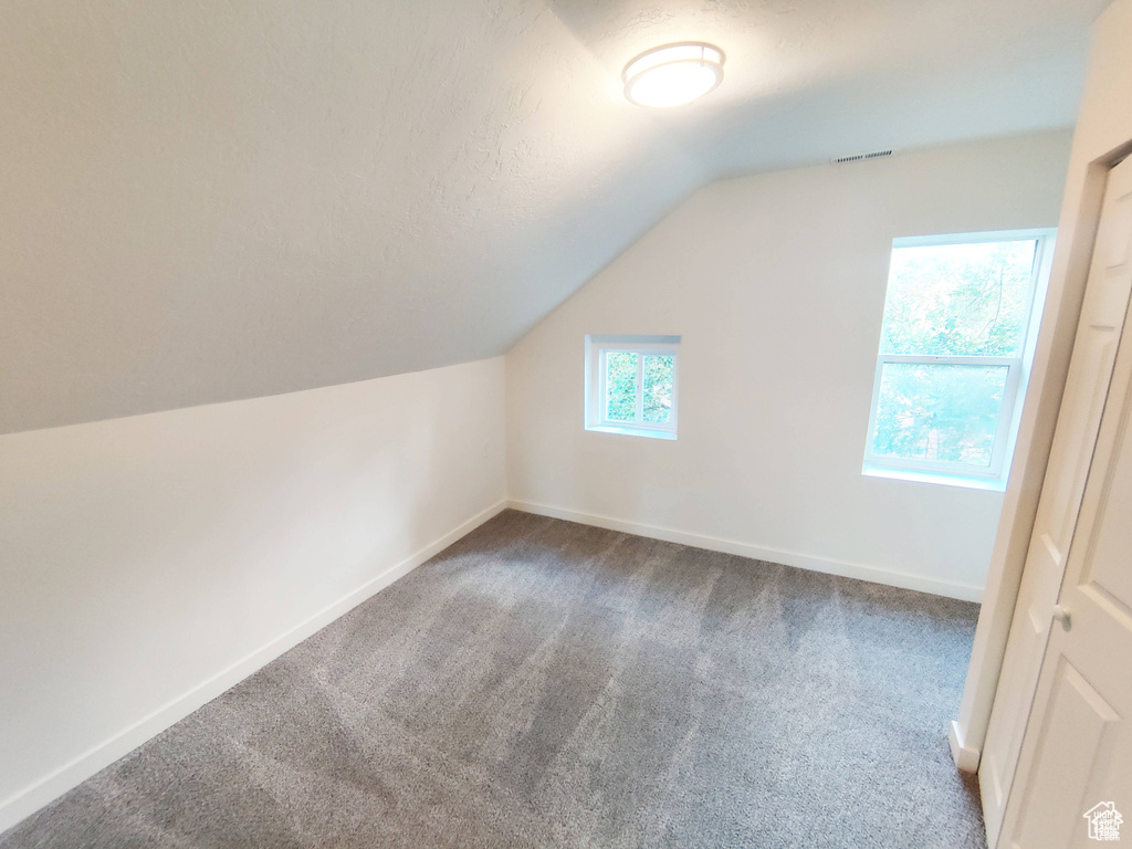 Additional living space with vaulted ceiling and carpet flooring
