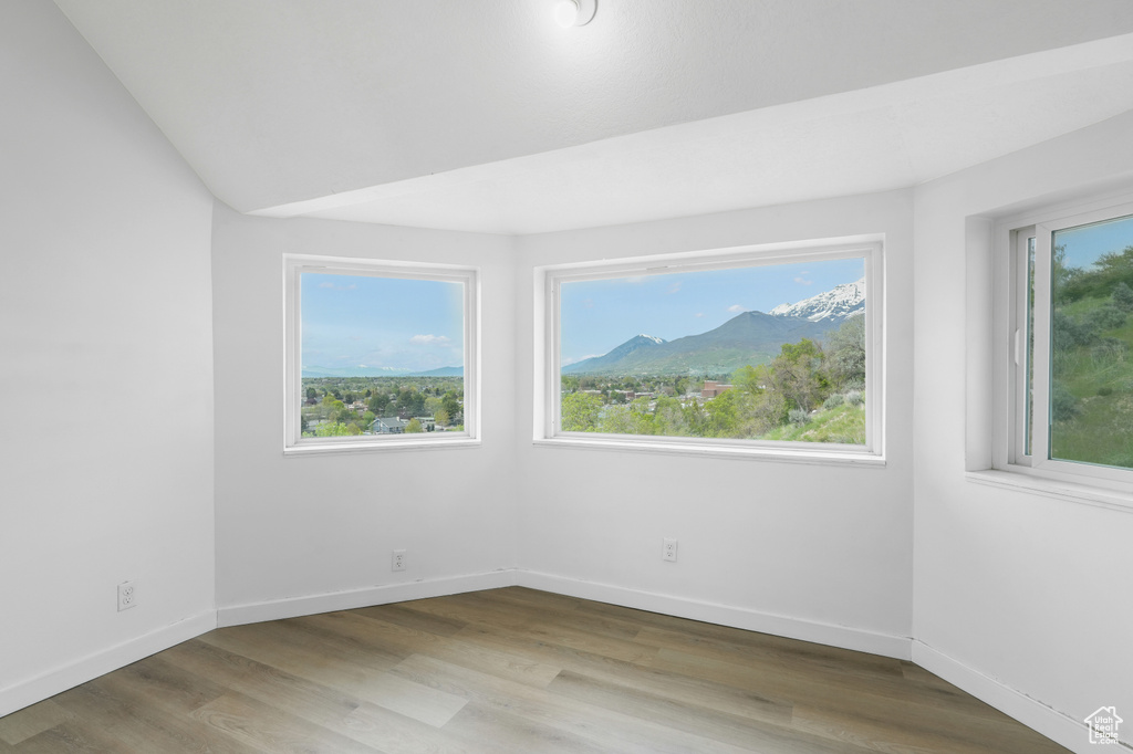 Spare room with a mountain view, a healthy amount of sunlight, and hardwood / wood-style flooring