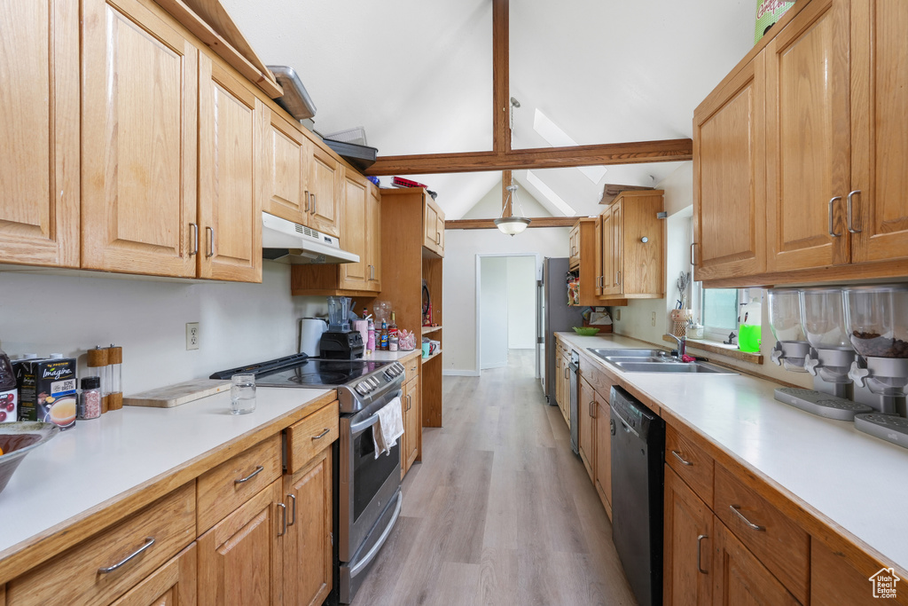 Kitchen with light hardwood / wood-style flooring, vaulted ceiling with beams, sink, stainless steel range with electric cooktop, and dishwasher