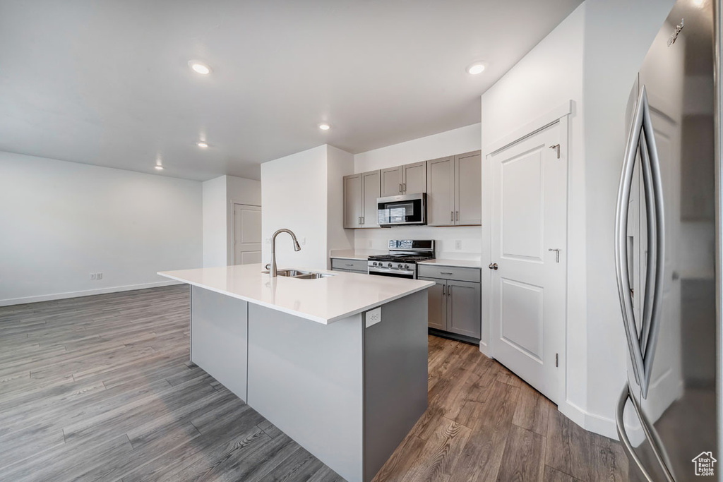 Kitchen with wood-type flooring, gray cabinets, appliances with stainless steel finishes, a center island with sink, and sink