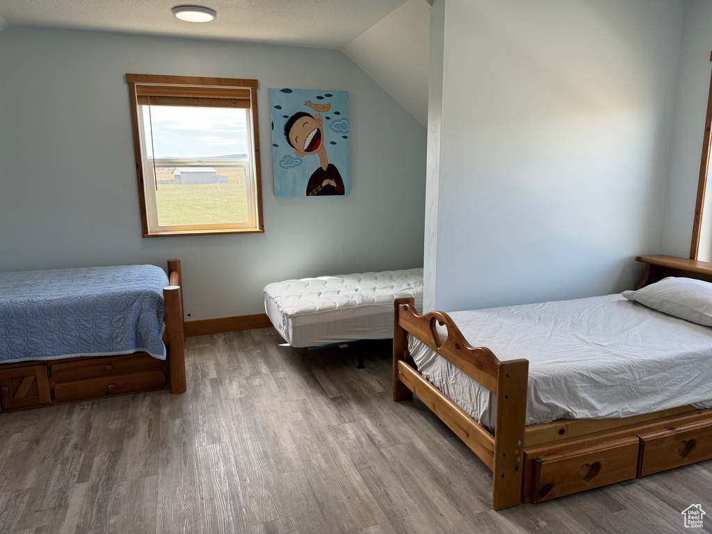 Bedroom with hardwood / wood-style flooring and lofted ceiling