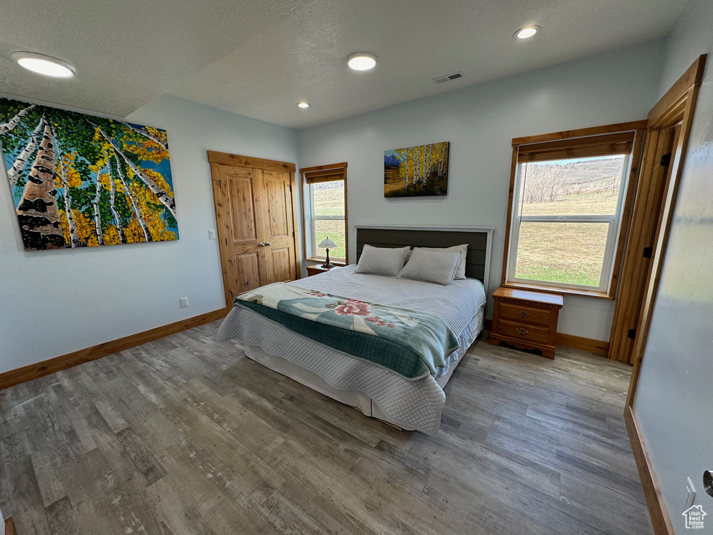 Bedroom featuring a textured ceiling, hardwood / wood-style floors, and multiple windows