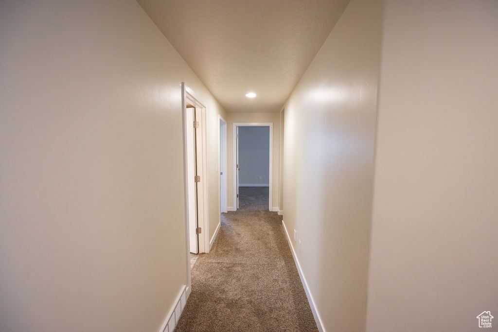 Hallway featuring carpet