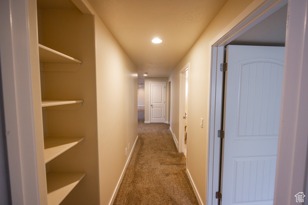 Hallway with dark colored carpet