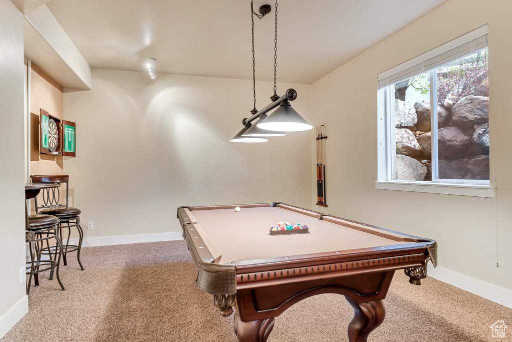 Game room featuring carpet flooring and pool table