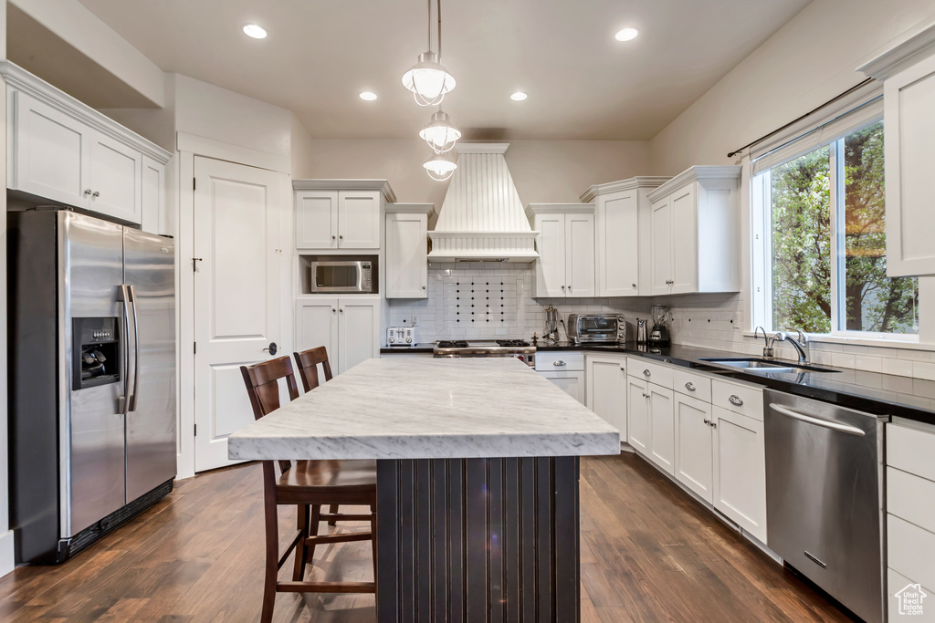 Kitchen with stainless steel appliances, tasteful backsplash, dark wood-type flooring, custom exhaust hood, and sink