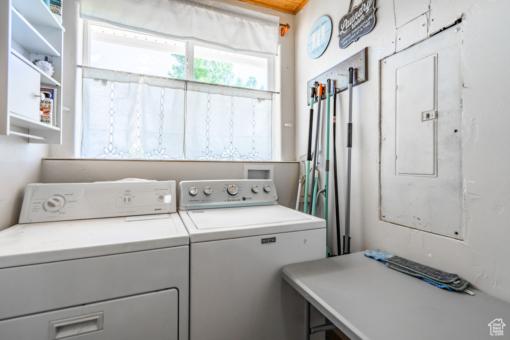 Clothes washing area featuring separate washer and dryer