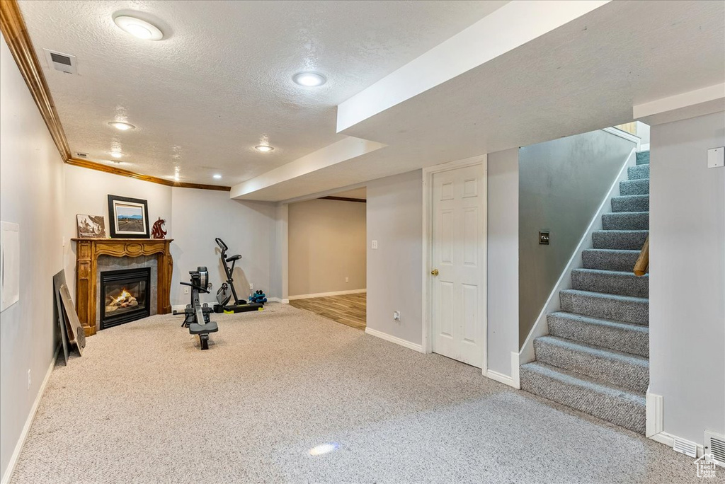 Exercise area with a textured ceiling, carpet, and crown molding