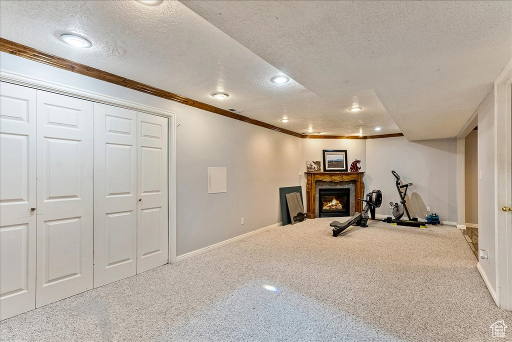 Workout room with a textured ceiling and carpet flooring