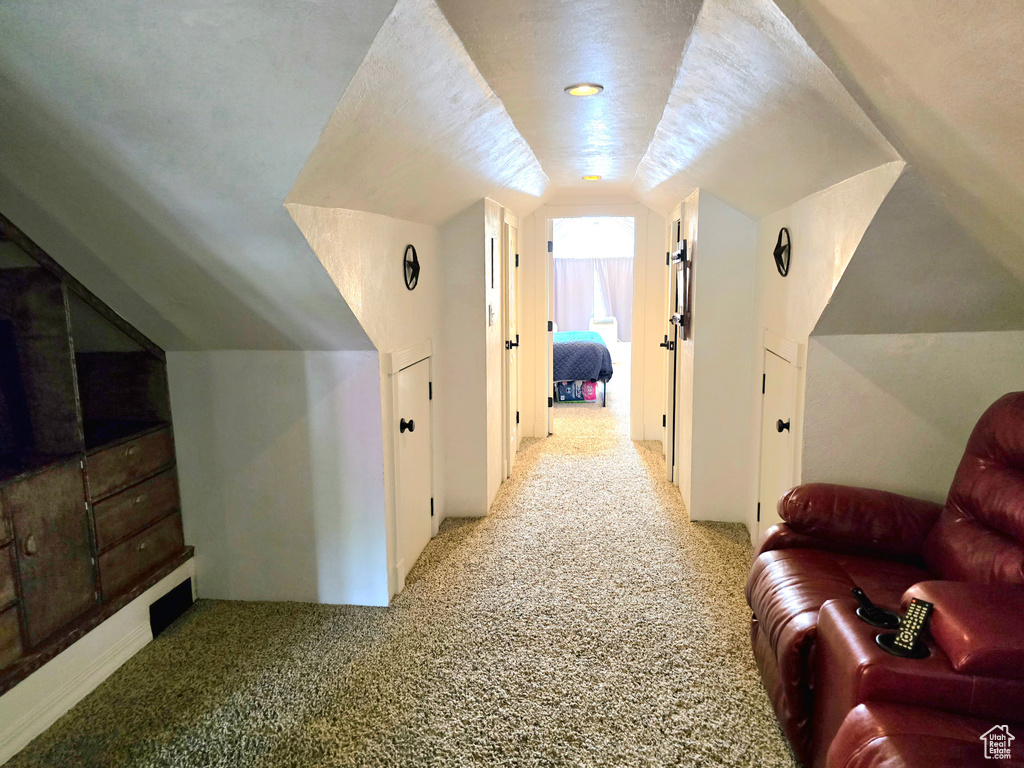 Bonus room with vaulted ceiling, carpet, and a textured ceiling