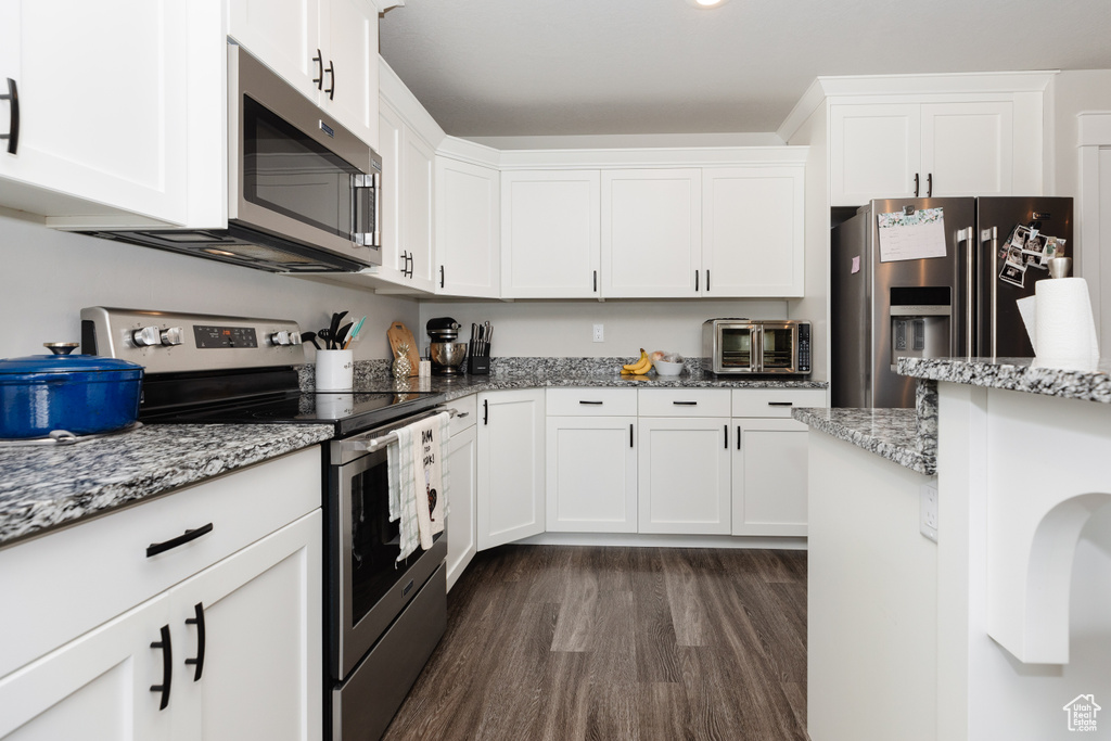 Kitchen featuring white cabinetry, appliances with stainless steel finishes, dark hardwood / wood-style floors, and light stone countertops