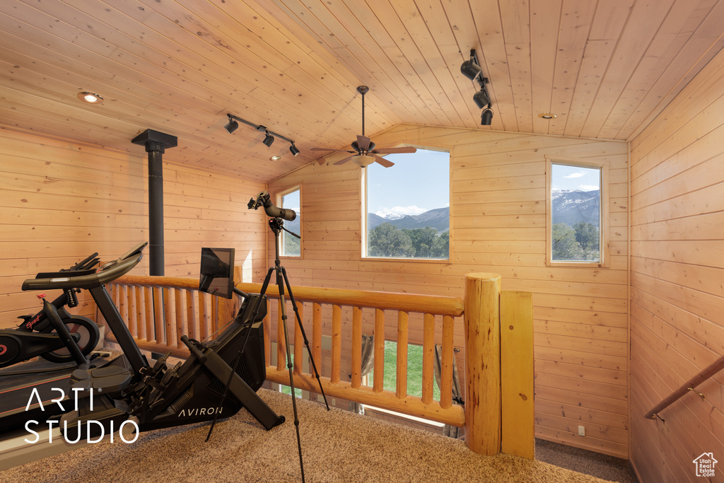 Interior space with vaulted ceiling, track lighting, carpet floors, and wooden ceiling