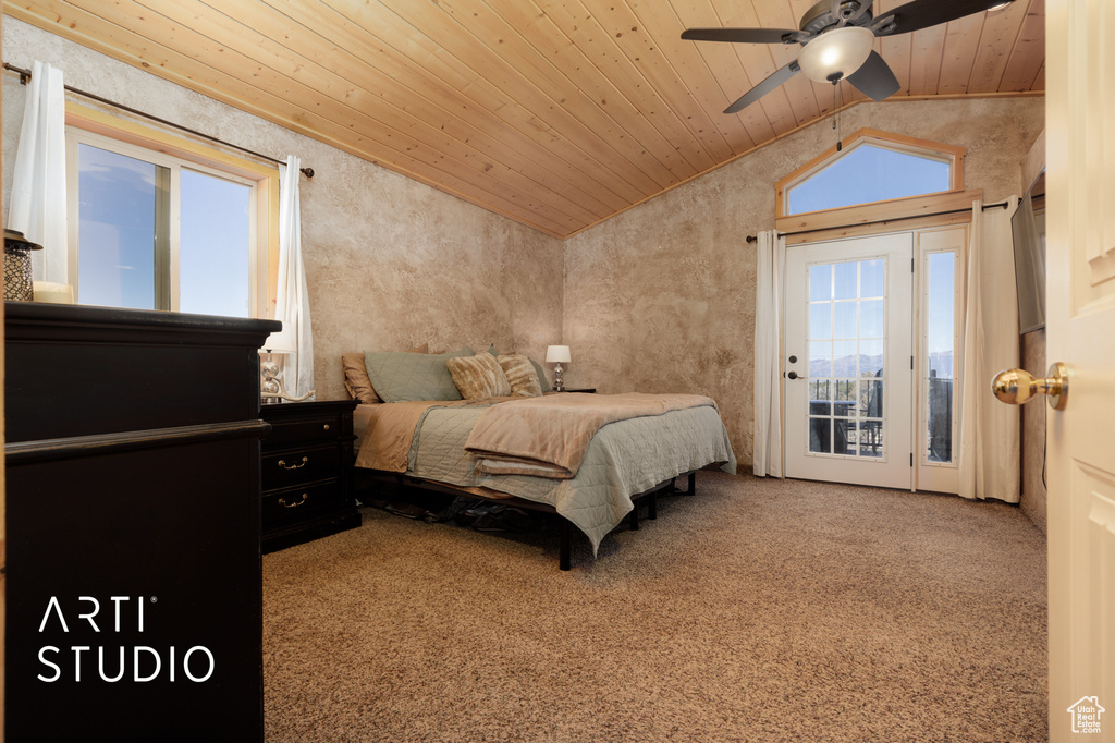 Bedroom featuring ceiling fan, carpet, wood ceiling, lofted ceiling, and access to outside