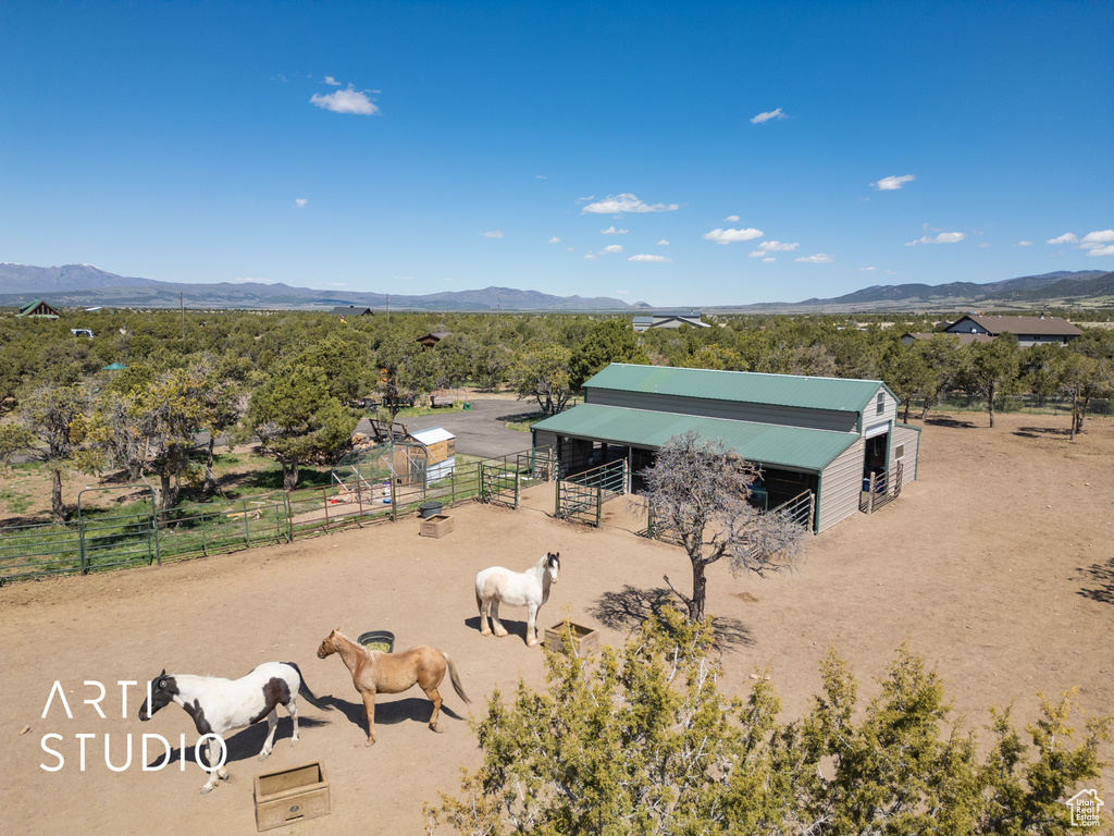 Aerial view featuring a mountain view and a rural view