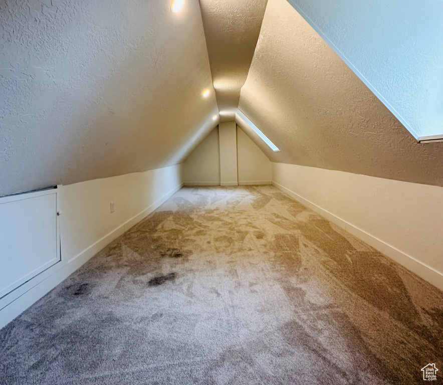 Additional living space with a textured ceiling, light carpet, and vaulted ceiling with skylight
