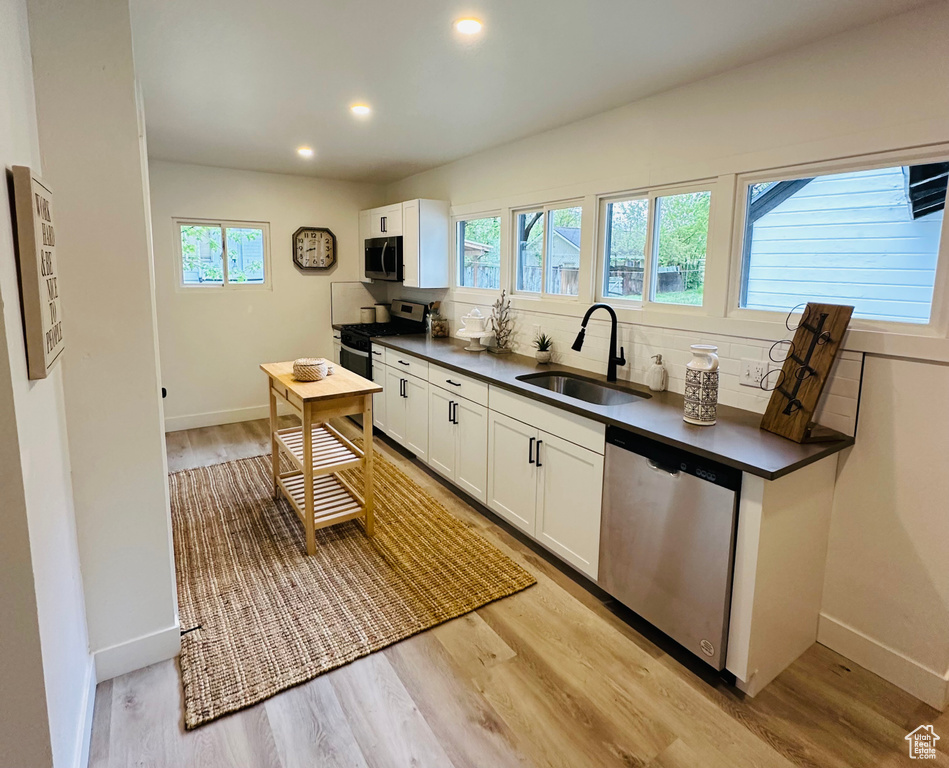 Kitchen with a wealth of natural light, light hardwood / wood-style floors, stainless steel appliances, and sink