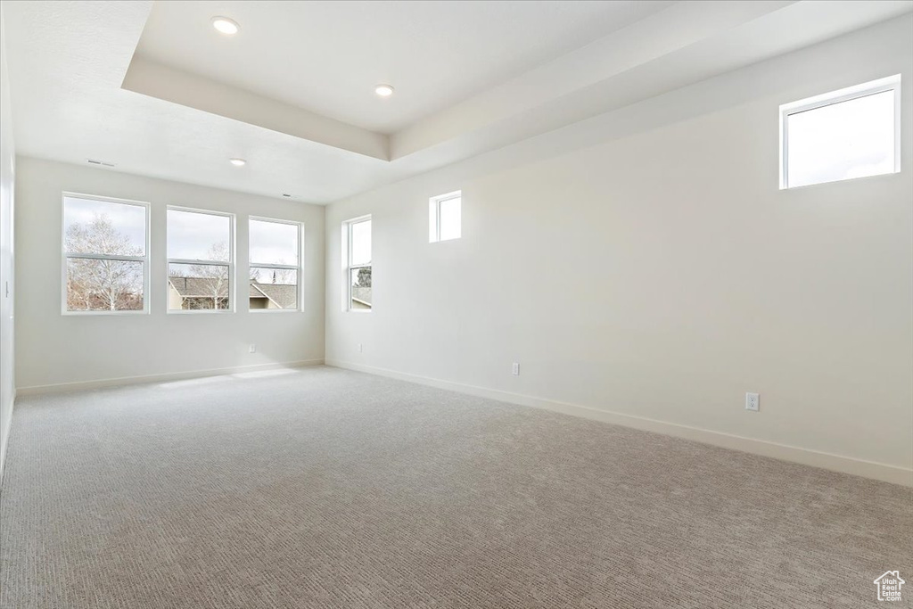 Empty room with carpet and a tray ceiling