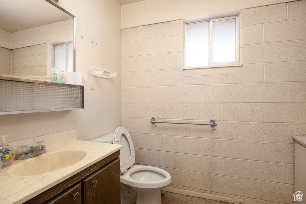 Bathroom with vanity with extensive cabinet space and toilet