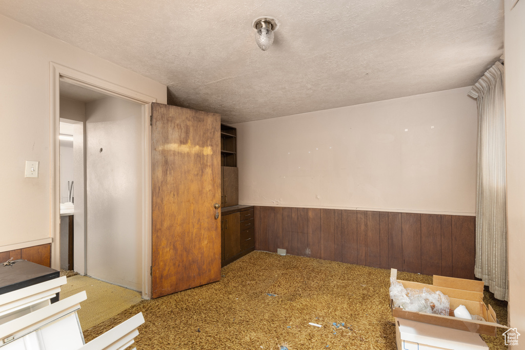 Interior space featuring a textured ceiling and carpet flooring