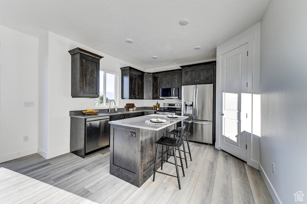 Kitchen featuring light wood-type flooring, dark brown cabinets, appliances with stainless steel finishes, a center island, and sink