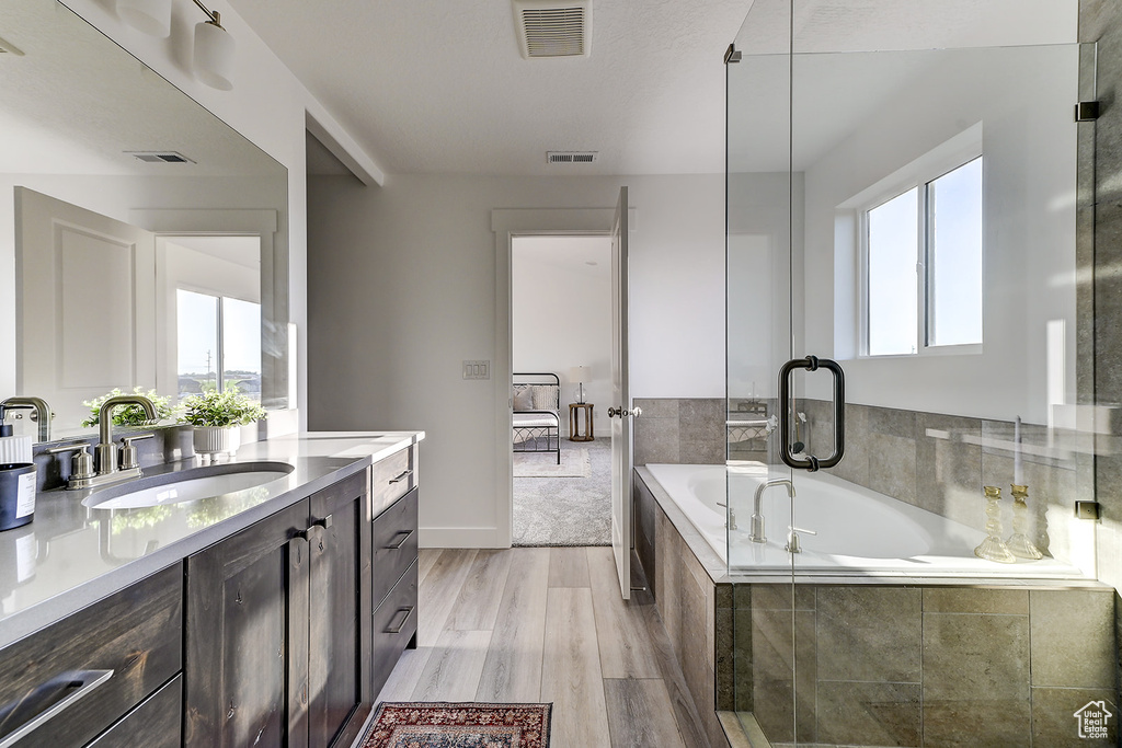 Bathroom with hardwood / wood-style floors, vanity, a wealth of natural light, and separate shower and tub