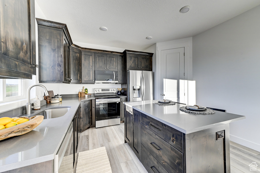 Kitchen featuring appliances with stainless steel finishes, dark brown cabinets, light wood-type flooring, sink, and a center island