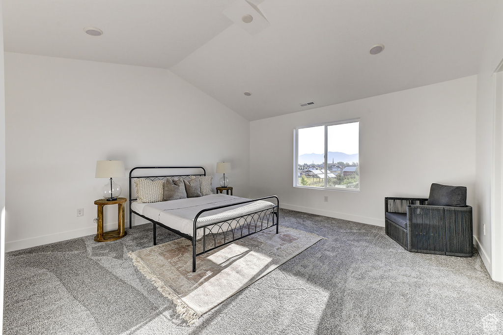 Bedroom with vaulted ceiling and carpet floors