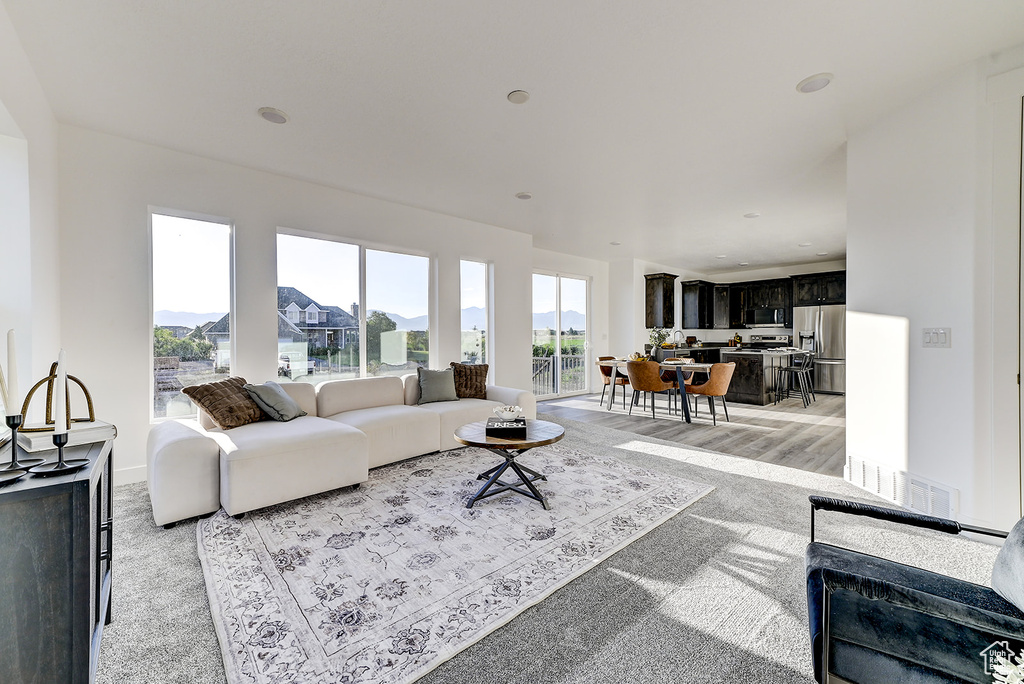 Living room with light hardwood / wood-style floors