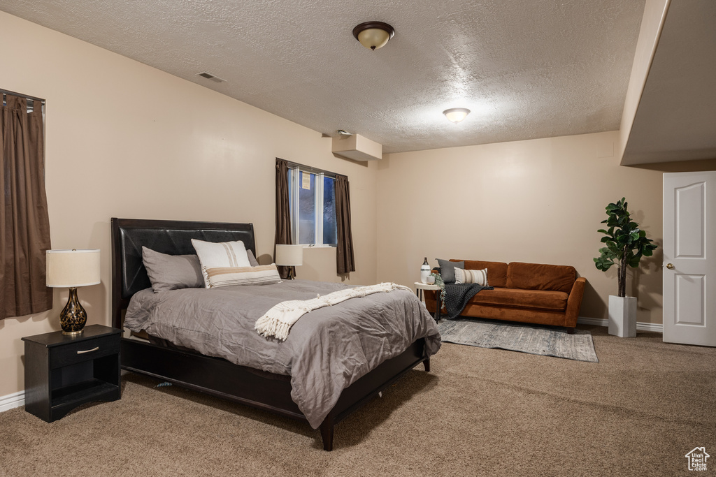 Carpeted bedroom with a textured ceiling