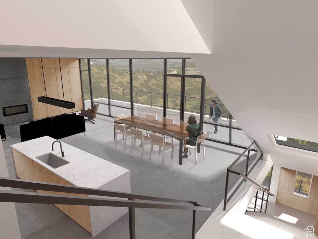 Living room with a skylight and sink
