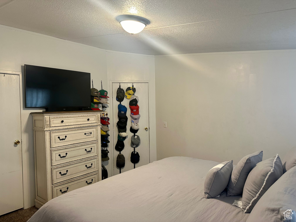 Bedroom featuring carpet flooring, a closet, a textured ceiling, and lofted ceiling