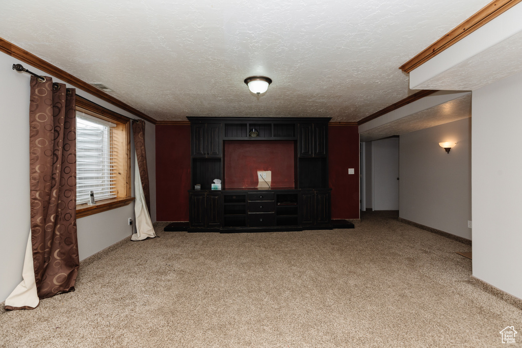 Empty room with a textured ceiling, carpet, and ornamental molding